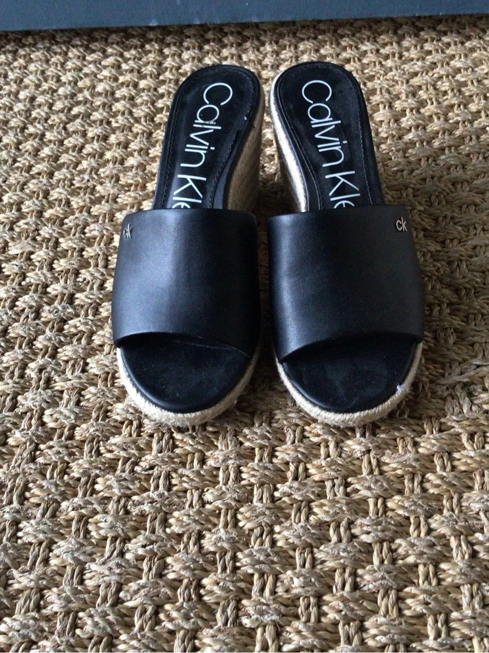 Calvin Klein Bandera Black Vegan Leather Espadrille Wedge Slides